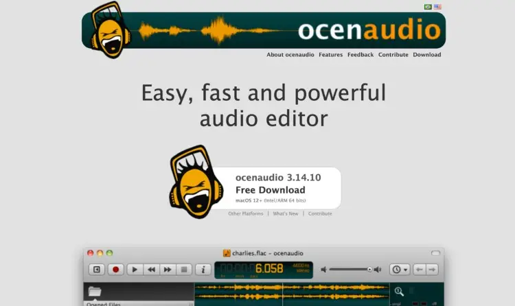 Screenshot of Ocenaudio podcasting software interface showing simple and powerful audio editing tools for podcasters.