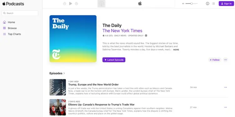 The Daily podcast by The New York Times on Apple Podcasts, showcasing a concise and engaging podcast script that takes a direct approach to delivering news.