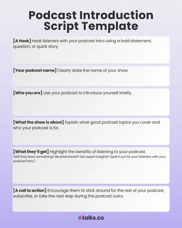 A structured podcast script template designed to help hosts craft an engaging podcast introduction with key elements like a hook, show name, introduction, content overview, listener benefits, and a call to action.