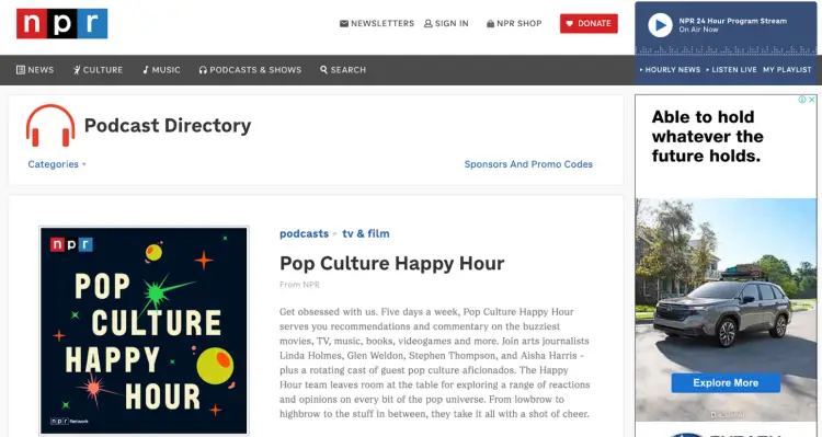 NPR's Pop Culture Happy Hour podcast page showcasing the podcast's logo and a description highlighting discussions on movies, TV, music, and pop culture with a rotating cast of guest speakers.