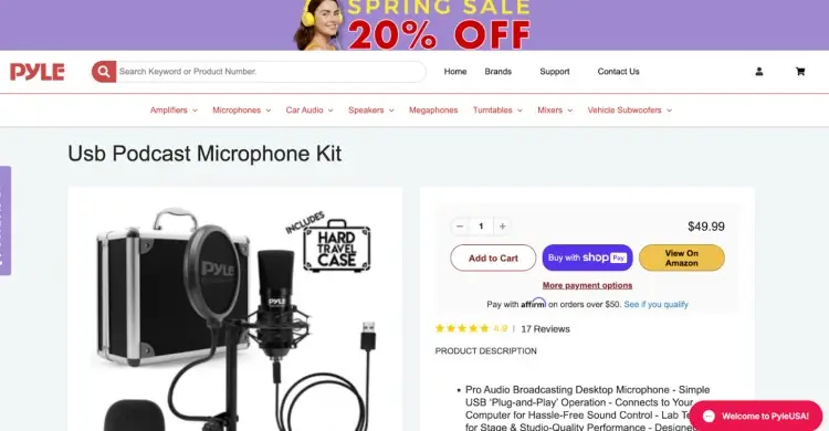 Pyle USB podcast kit featuring a condenser microphone, pop filter, stand, USB cable, and hard travel case.