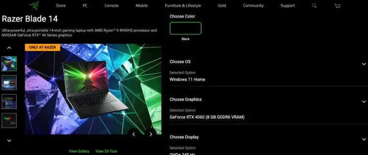 Razer Blade 14 gaming laptop product page showing customizable options like Windows 11 Home, GeForce RTX 4060 graphics, and high refresh rate display.