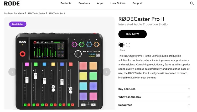 The RØDECaster Pro II audio interface and production studio with colorful faders, knobs, and touchscreen display to elevate podcasting and audio recording.