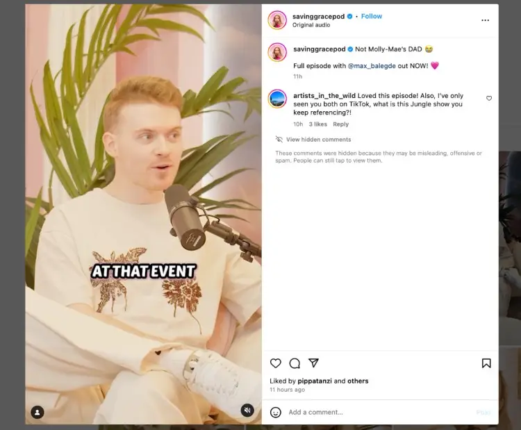 A screenshot from the Saving Grace Podcast Instagram post, featuring Max Balegde speaking into a microphone during a podcast recording, promoting the latest episode with engaging captions.