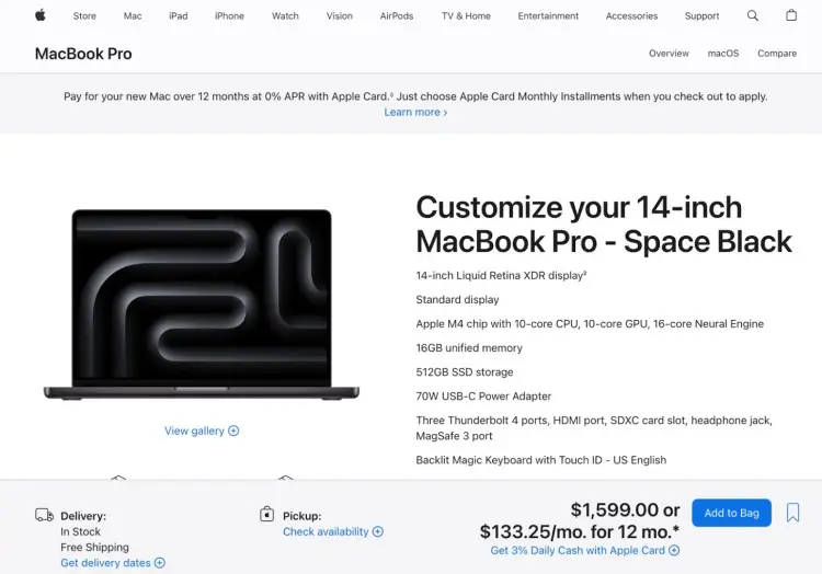 Apple’s website displays the 14-inch MacBook Pro in Space Black, showcasing specs ideal for running the best podcast production setups.