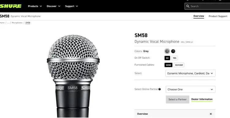 The Shure SM58 dynamic vocal microphone, known for its cardioid pickup pattern and durability, ideal for professional podcast and live vocal recordings.