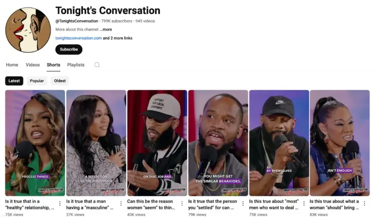 A screenshot from Tonight's Conversation YouTube channel showcasing new podcasts as YouTube Shorts, featuring engaging discussions on relationships and social dynamics.