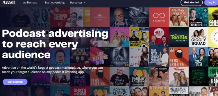 Acast homepage showing podcast advertising options and various podcast covers, highlighting monetization through ads