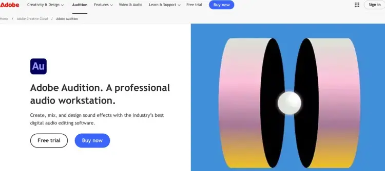 Adobe Audition homepage showcasing it as a professional audio workstation for recording and audio editing, with abstract design artwork on the right.