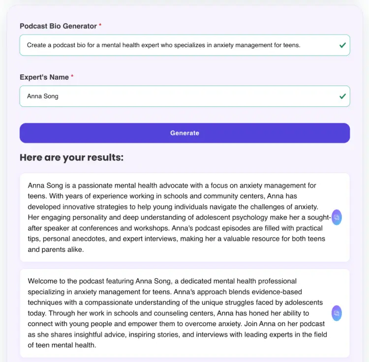 Results from an AI-powered Talks podcast bio generator creating a professional bio for a mental health expert specializing in anxiety management for teens.