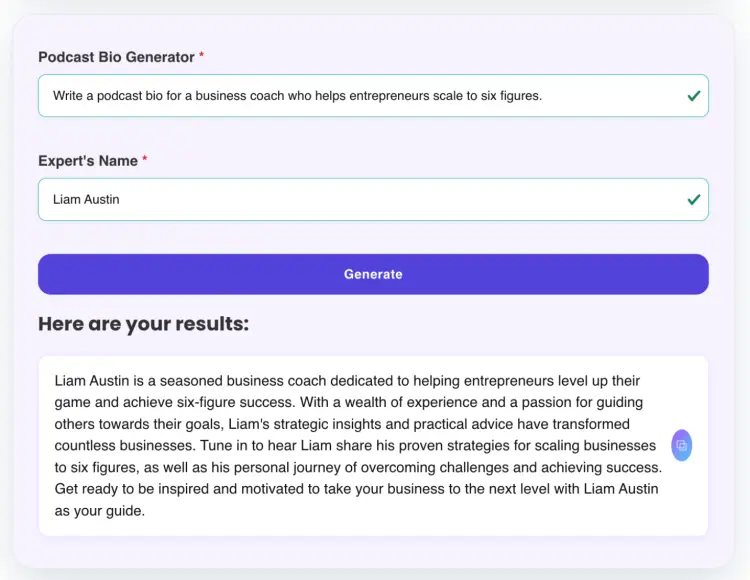 Example of how AI-powered tools like Talks can generate a professional podcast bio for a business coach helping entrepreneurs scale to six figures.