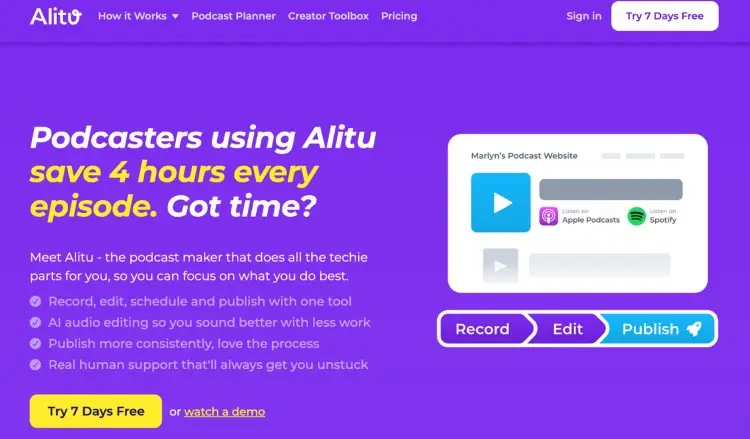 Alitu podcast software homepage showing features to record, edit, and publish podcasts easily with automated editing tools.