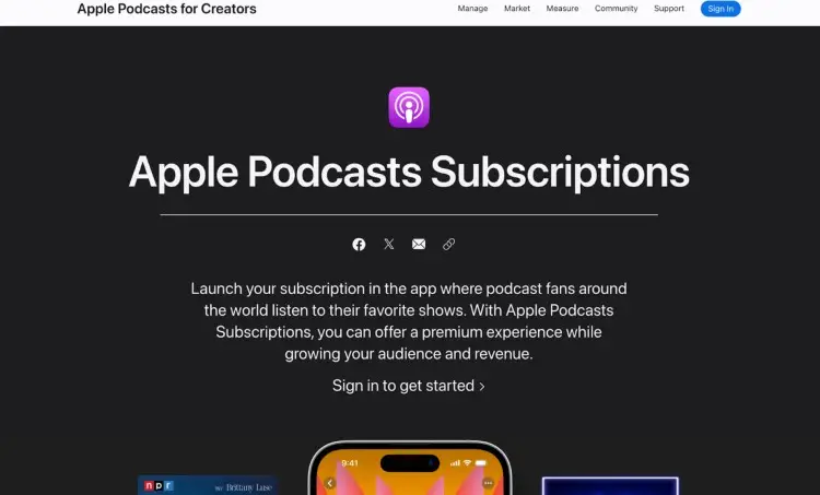 Apple Podcasts Subscriptions page encouraging creators to launch premium podcast content and grow their audience and revenue.