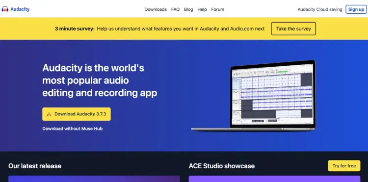 Audacity homepage promoting its audio editing and recording features with a screenshot of the software interface on a laptop.