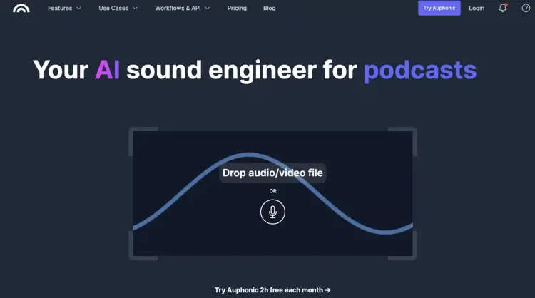 Homepage of Auphonic, an AI-powered podcast software with a waveform graphic and upload prompt for audio/video files, emphasizing automated sound engineering.