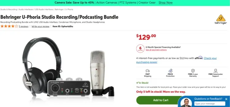 Behringer U-Phoria podcasting bundle with UM2 audio interface, C-1 condenser microphone, and studio headphones.