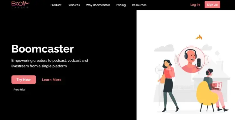 Boomcaster homepage promoting its platform as the best remote podcast recording software for podcasters, vodcasters, and livestreamers.