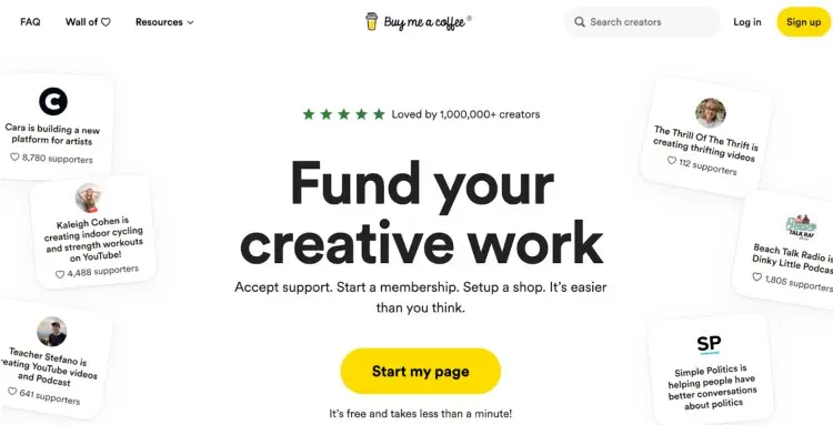 Buy Me a Coffee platform homepage showing how podcasters can get support and monetize their creative work through memberships and exclusive content