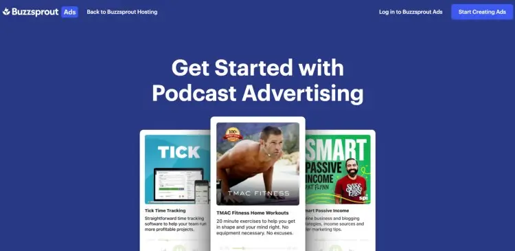 Buzzsprout Ads homepage promoting podcast advertising with three featured campaigns