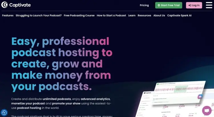 Captivate podcast platform homepage offering tools to grow and monetize podcasts