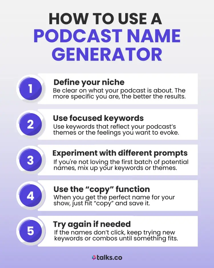Step-by-step guide showing how to use a podcast name generator to choose the right podcast name, including defining your niche and using focused keywords.