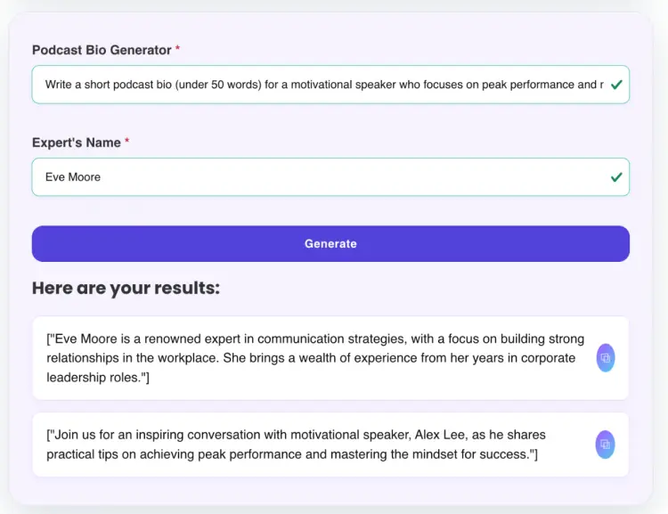 Example of a compelling bio generated for a motivational speaker using the Talks podcast bio generator.