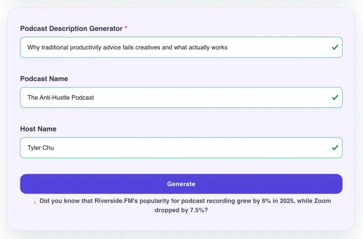 Create engaging podcast descriptions easily, as shown in this example from Talks.co.