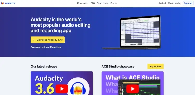 Screenshot of Audacity's homepage showing its audio editing interface and download options, highlighting it as a popular free editing software.