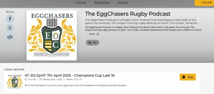 Screenshot of The EggChasers Rugby Podcast website, displaying the podcast logo, description, and latest episode with playback options.