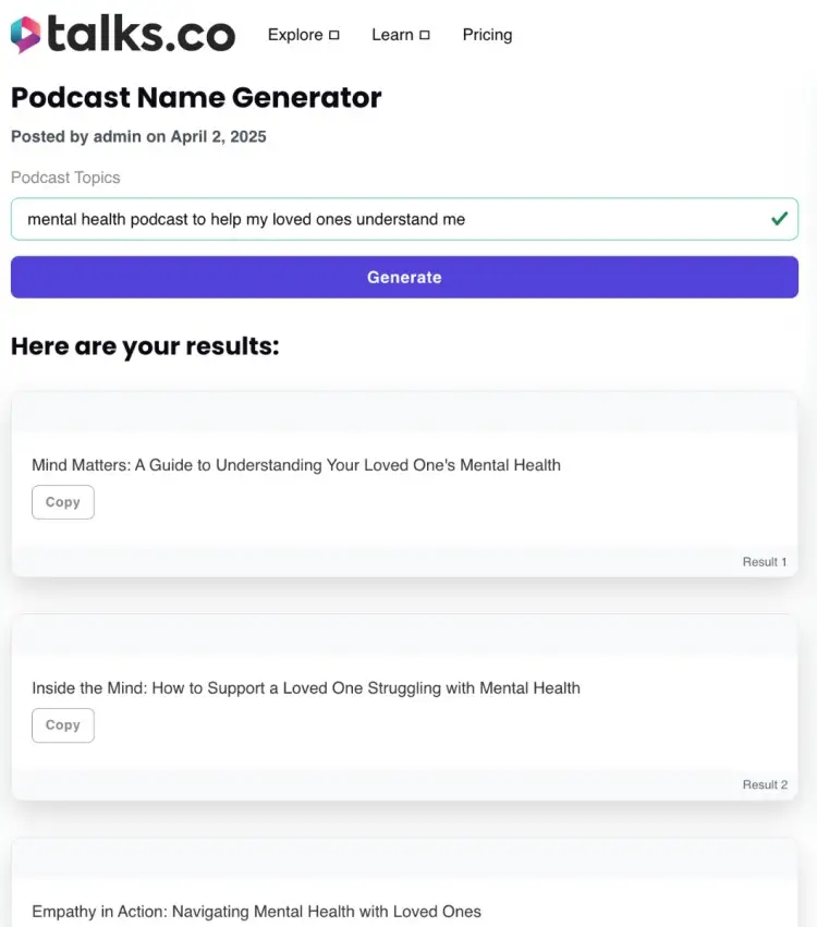 Screenshot of Talks.co podcast name generator showing results for a mental health podcast to help loved ones understand and support someone.