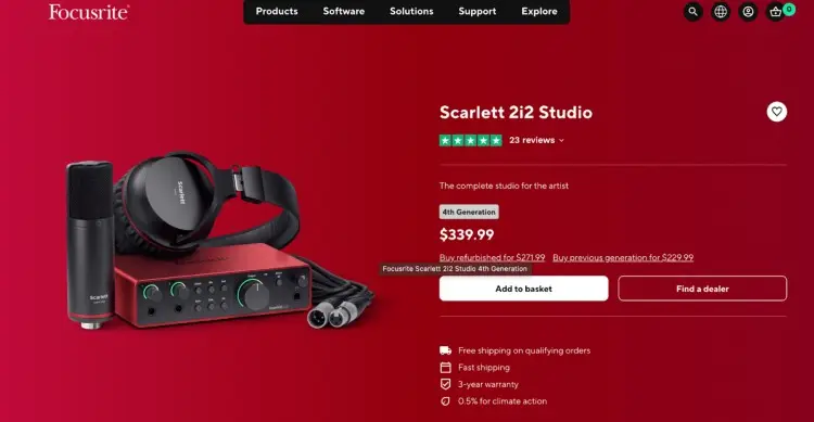 Focusrite Scarlett 2i2 Studio 4th Generation podcaster bundle with microphone, audio interface, headphones, and cables.