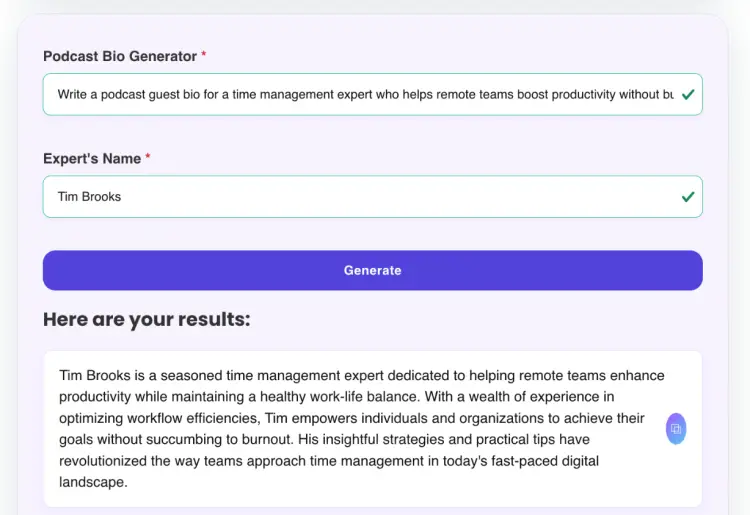 Bio generated by a free AI podcast bio generator for a time management expert specializing in helping remote teams boost productivity without burnout.