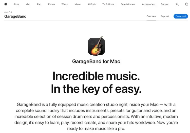 GarageBand for Mac promotional page highlighting its features as a music creation and podcast recording tool.