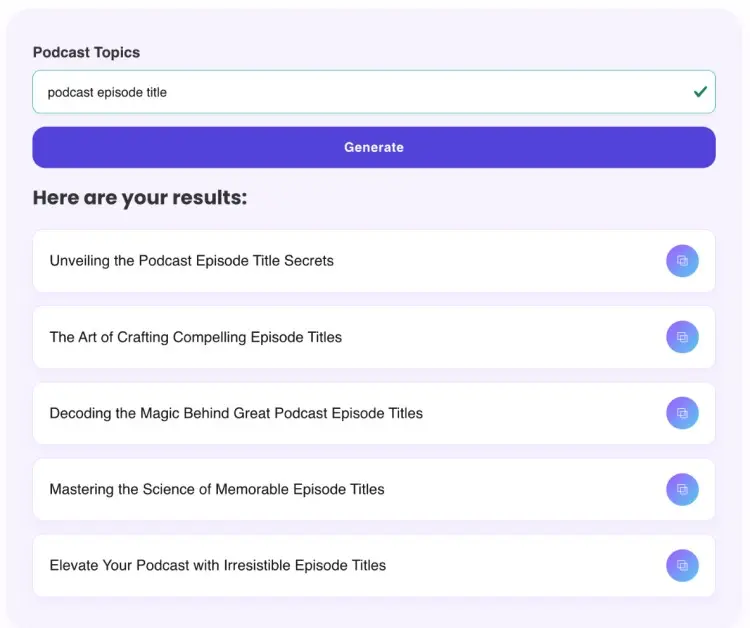 Screenshot of the Talks.co podcast title generator showing creative podcast title suggestions using the input "podcast episode title."