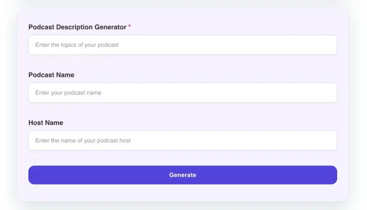Generate podcast descriptions easily with the Talks.co Podcast Description Generator by entering your podcast topic, name, and host details.