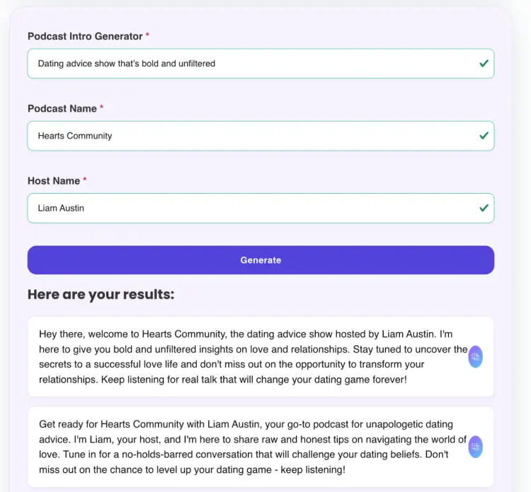 Screenshot showing two good podcast intro examples generated for a dating advice show using the Talks Podcast Intro Generator tool.