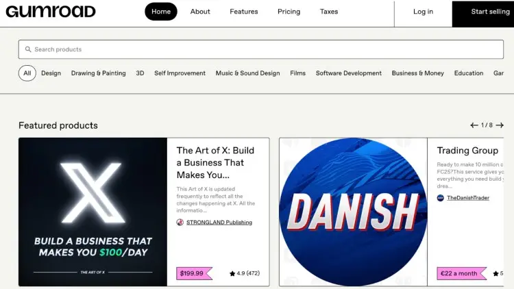 Gumroad homepage showcasing featured digital products, ideal for creators looking to monetize their content through digital sales