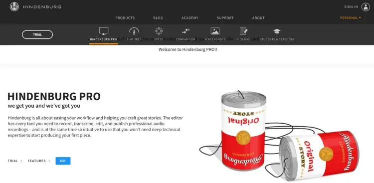 Homepage of Hindenburg PRO featuring two tin cans connected by a string, symbolizing communication, with text about recording, editing, and publishing audio stories.