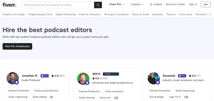 Fiverr homepage showcasing top-rated freelancers available for hiring a podcast editor.