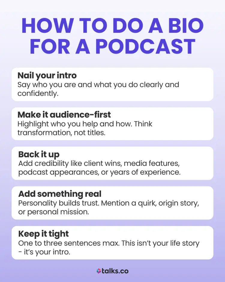 Tips for content creators on how to write a podcast bio, including nailing your intro, making it audience-first, and keeping it concise.