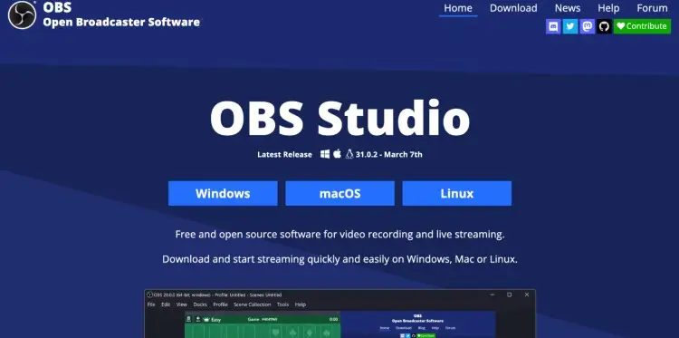 OBS Studio homepage showing free podcast recording and live streaming software options for Windows, macOS, and Linux.