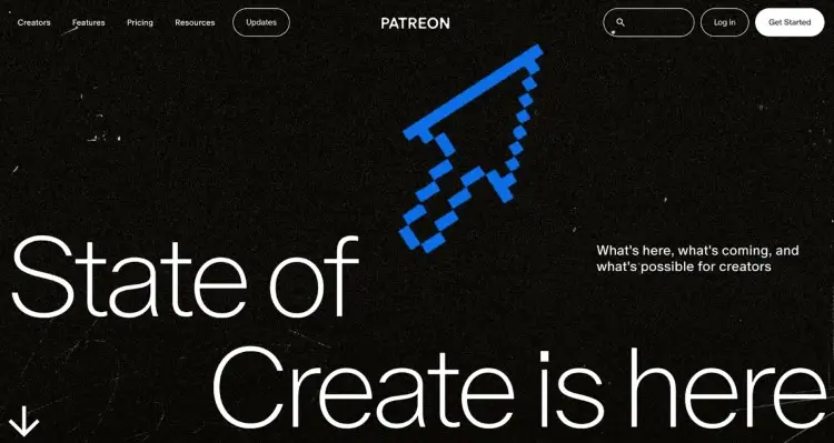 Patreon homepage featuring the 'State of Create' campaign, highlighting monetization options suitable for podcasters and creators.