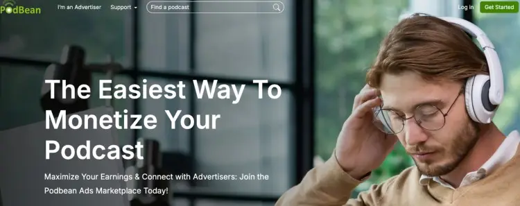 Podbean website showing a man wearing headphones, promoting their ad marketplace for podcast monetization.