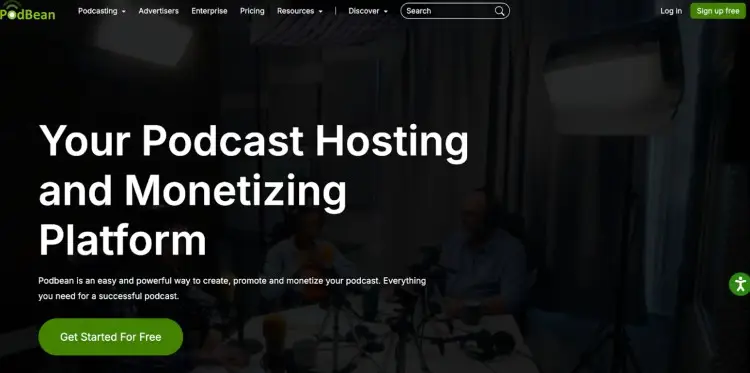Podbean podcast hosting platform homepage highlighting tools to create, monetize, and grow your podcast.