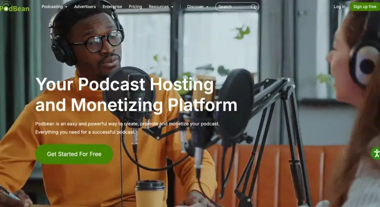 Podbean homepage showing podcast hosts recording in a studio, promoting it as a podcast hosting platform for monetization and growth.