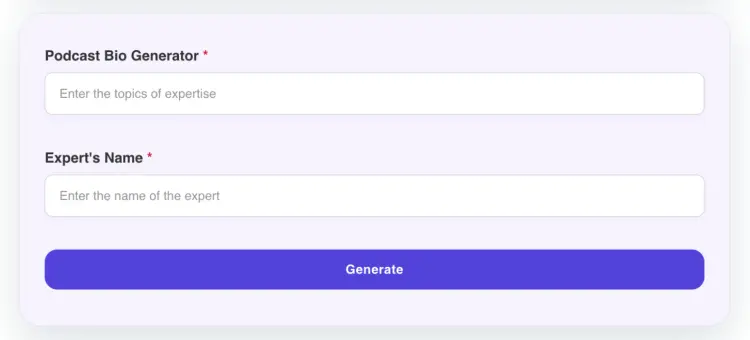 Screenshot showing the podcast bio generator powered by Talks, designed to help users quickly create expert podcast bios by entering a topic of expertise and expert's name.