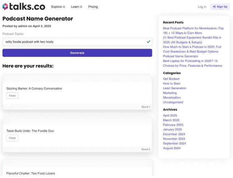 Talks.co podcast name generator creates witty foodie podcast names for two hosts.