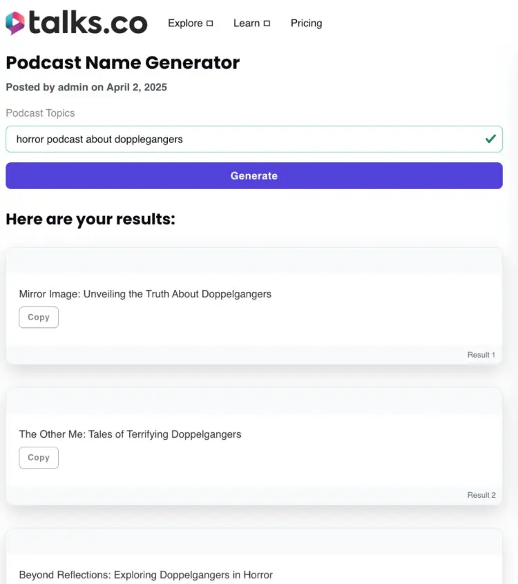 Screenshot of a podcast name generator tool showing horror-themed name suggestions like “Mirror Image” and “The Other Me” for a doppelganger topic.