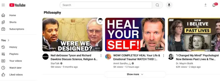 YouTube homepage featuring podcasts under the Philosophy category, showing how creators can publish their podcast and monetize through video ads