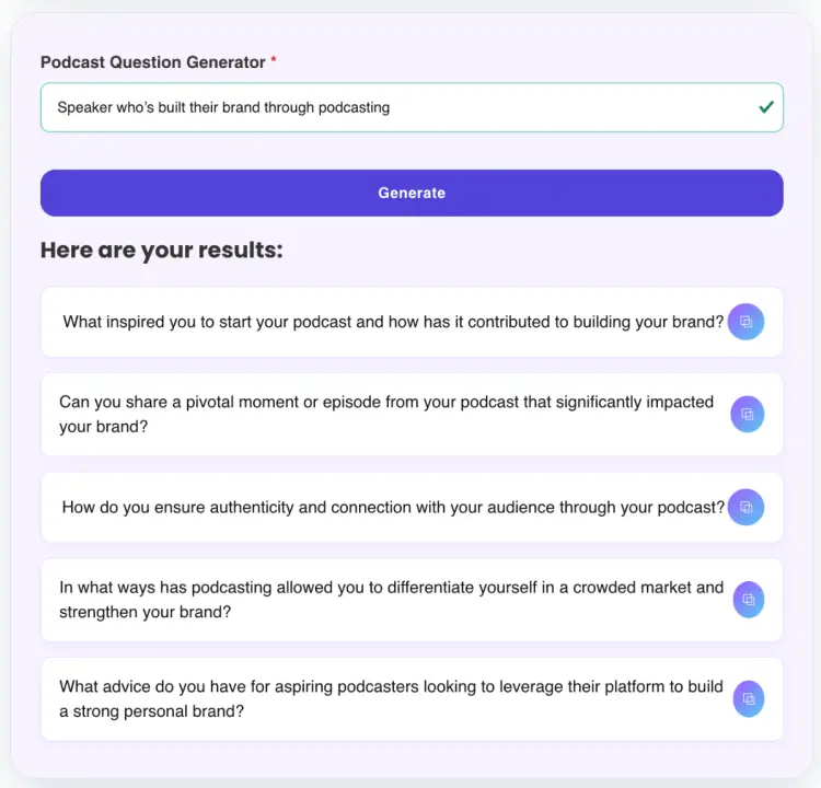 AI-generated podcast questions that tap into how speakers have built their personal brand through podcasting.